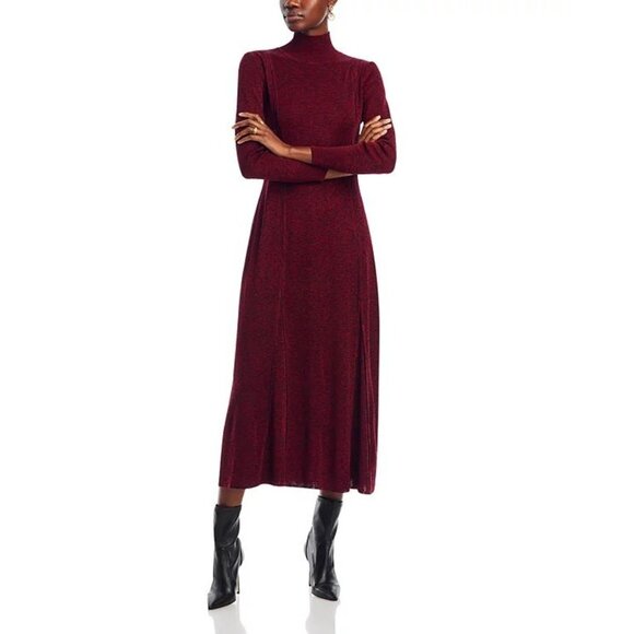 Misook M Red Black Knit Midi Dress Turtleneck Godet Modest Space Dye Office